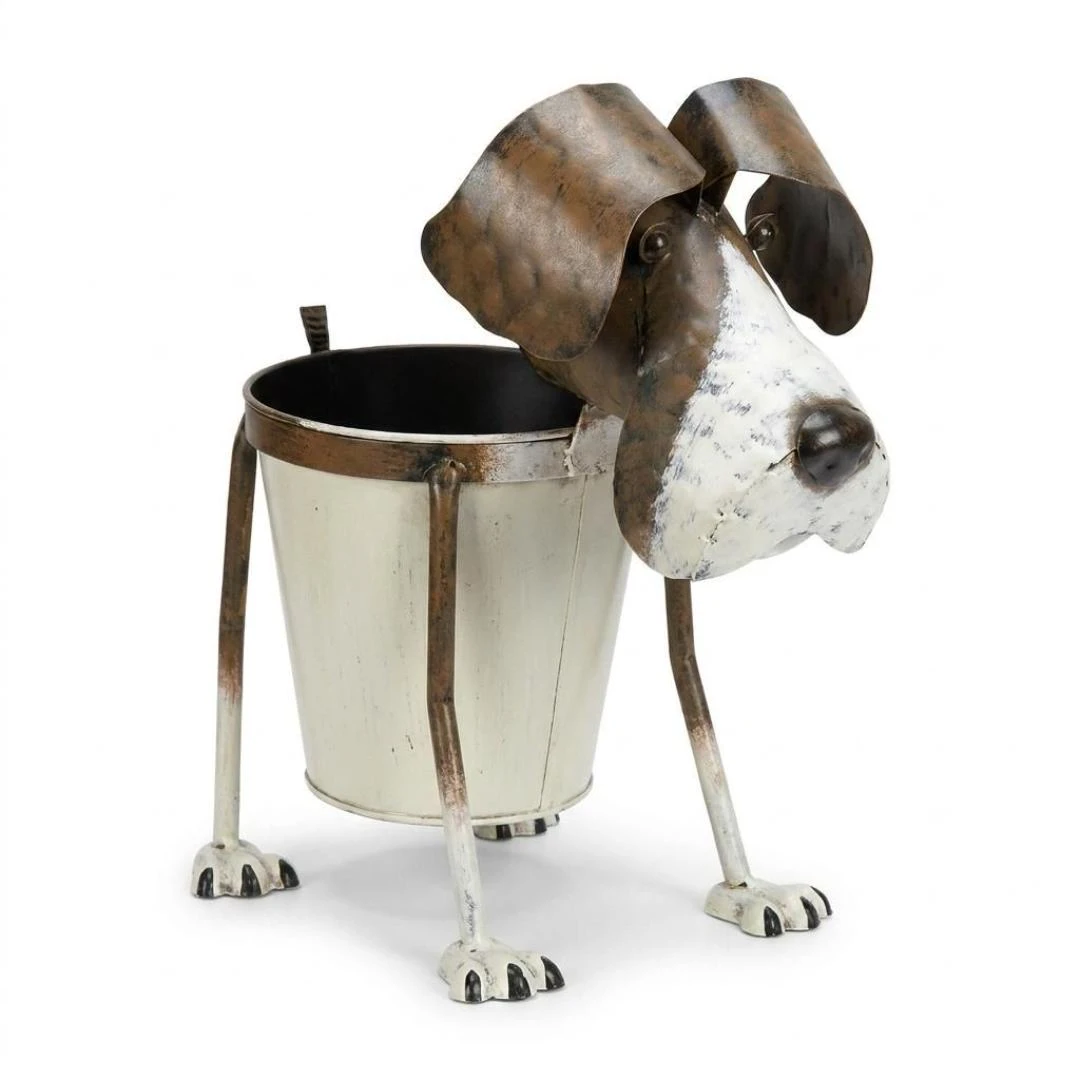 ADORNO JARDIN PERRO CON MACETERA METAL{